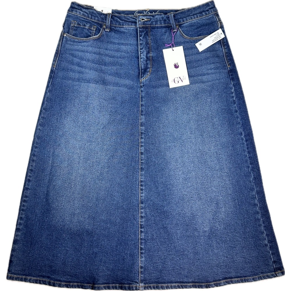 Gloria Vanderbilt Womens High Waisted Denim Skirt Prato Blue Midi A-Line 12 NEW